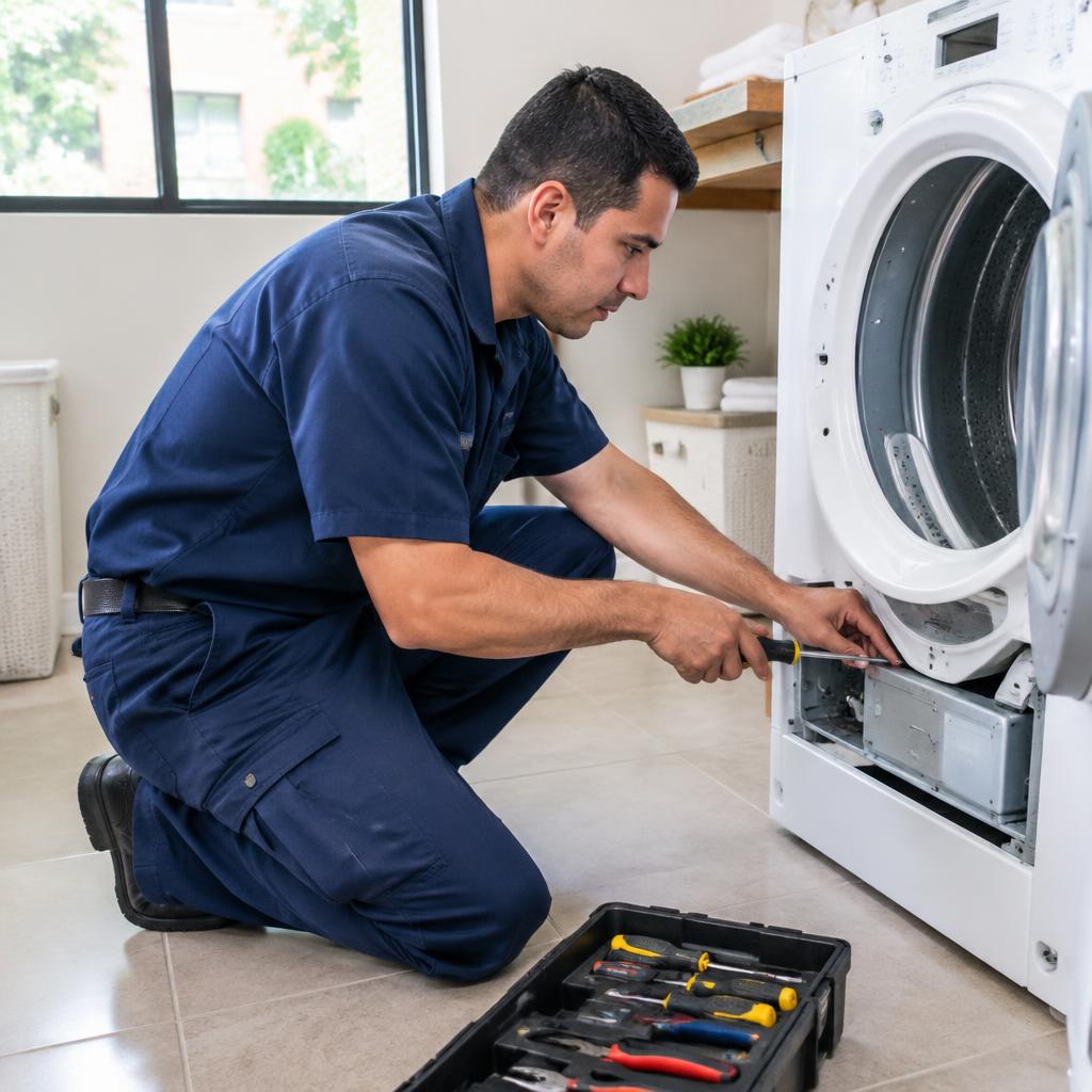 Técnico reparando una secadora