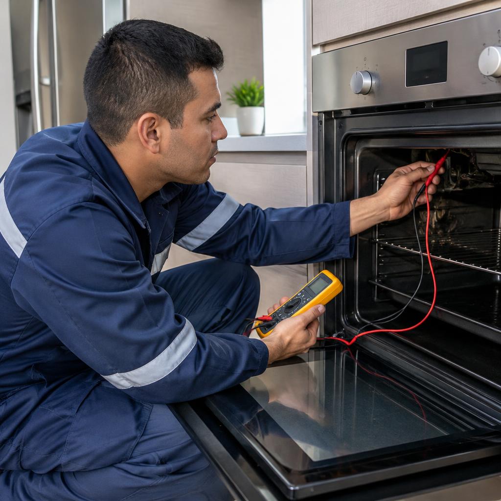 Técnico midiendo un horno con multímetro