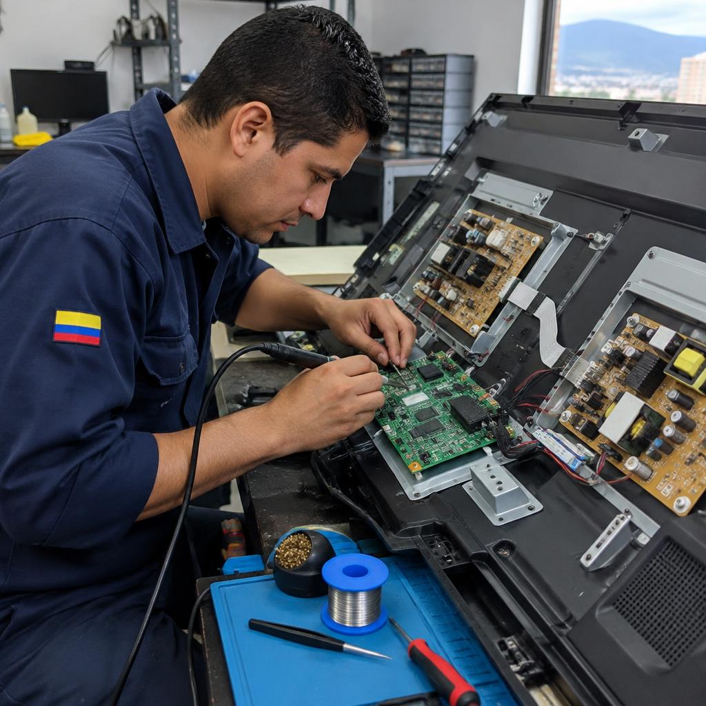 Técnico reparando la tarjeta de un televisor