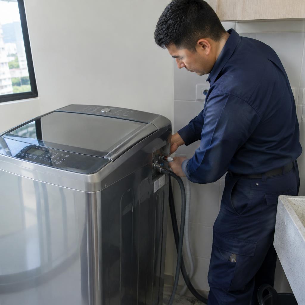 Técnico instalando una lavadora